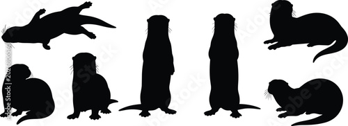 Photos Wild otter aquatic mammal black silhouette vector set featuring swimming and sta
