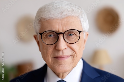 A close-up portrait of an elderly man with glasses and a suit