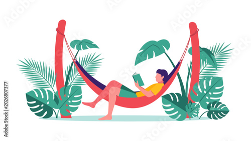 Fotografi Relaxing Read in a Tropical Hammock: A person reclines comfortably in a vibrant hammock, engrossed in a book, surrounded by lush tropical foliage