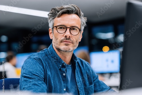 A middle-aged man with glasses sitting at a desk in an office