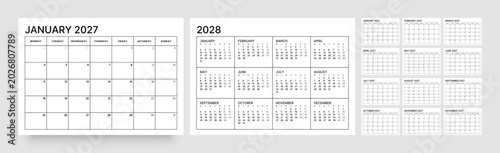 Cuadro en lienzo Monthly calendar template for 2027 year