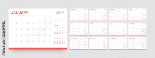 Tableau sur toile Monthly calendar template for 2027 year