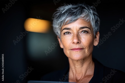 A confident mature woman with short gray hair looking directly at the camera