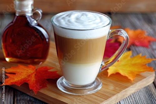 A glass of layered latte coffee with maple syrup and autumn leaves