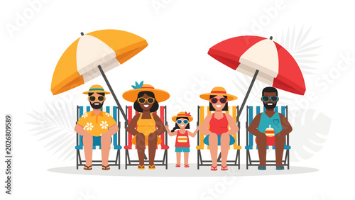 Canvas Print Diverse Family Beach Vacation: A cheerful, multi-ethnic family enjoys a relaxing day at the beach, seated under colorful umbrellas and soaking up the sun