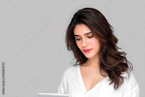 A young woman with long brown hair looking at a tablet