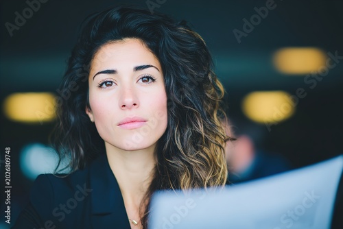 A focused businesswoman reviewing documents in a modern office setting