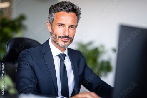 A professional man in a suit sitting at a desk in an office