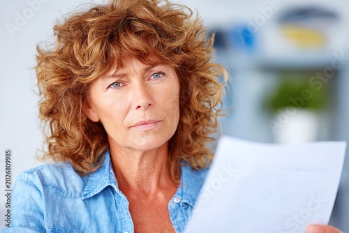 A concerned middle-aged woman looking at a piece of paper indoors