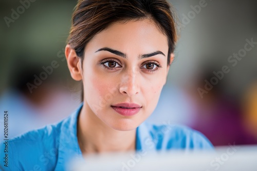 A focused young woman in blue scrubs working on a computer