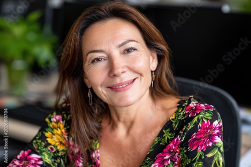 A smiling middle-aged woman sitting in a modern office environment