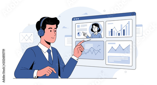 Businessman with headphones analyzes financial data on a digital screen