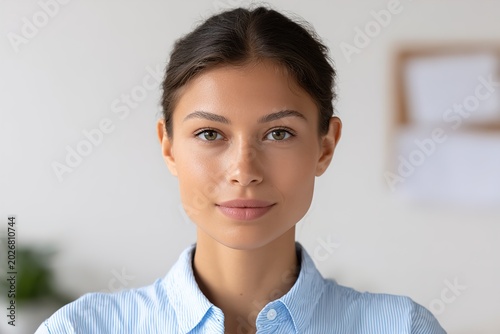 A young professional woman with a friendly smile in a modern office setting