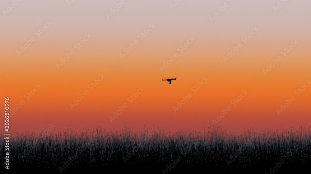 Fototapeta premium Silhouette of a drone flying over tall grass at sunset