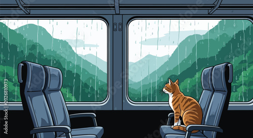 Cuadro en lienzo Tabby cat sitting on a train seat looking out at rainy mountains