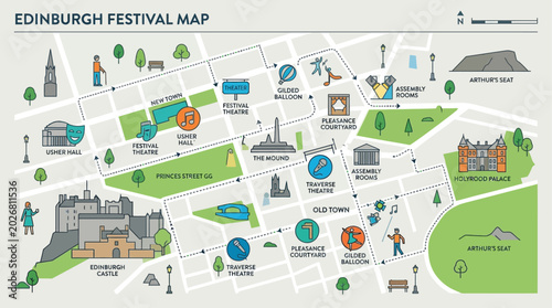 A flat design illustration presents a simplified map of central Edinburgh, clearly marking various Fringe Festival venues with distinct icons and showing navigation paths. 