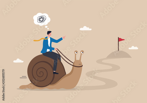 Tableau sur toile Slow growth, inefficient or stupid mistake, businessman idiot leader riding slow