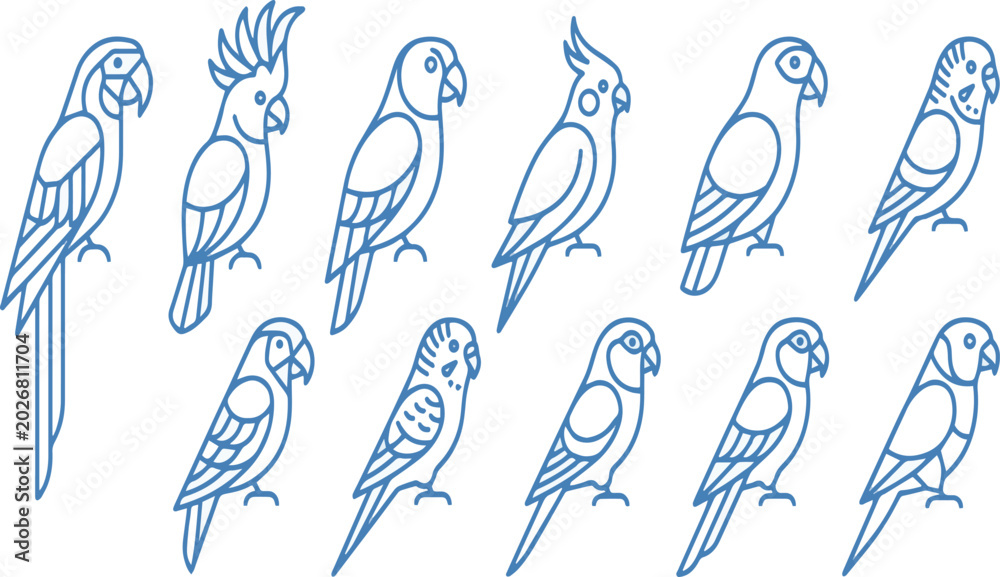 Fototapeta premium Geometric Parrot Icons Set Stylized Blue Line Art On free image downlod White Background vector illustration