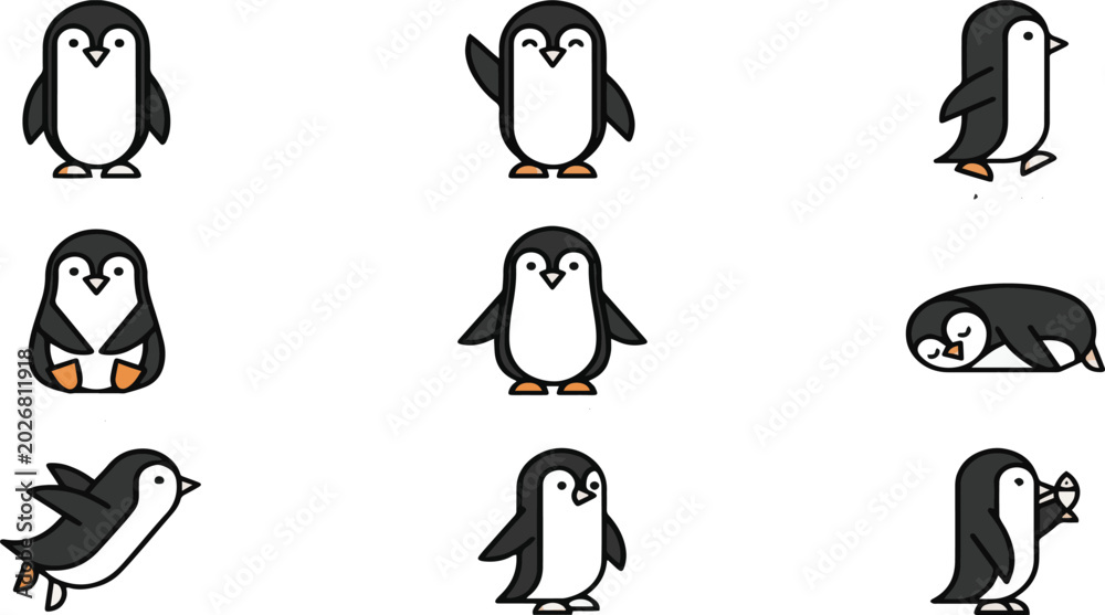 Obraz premium Set of Eight Cute Penguin Cartoon Icons in Various Poses on free image downlod White Background collection