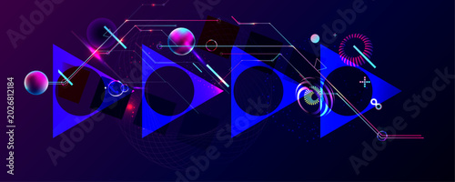 Dark retro futuristic cyberpunk elements abstraction background cosmos synthwave vaporwave retrowave glitch circle with blue and pink glows
