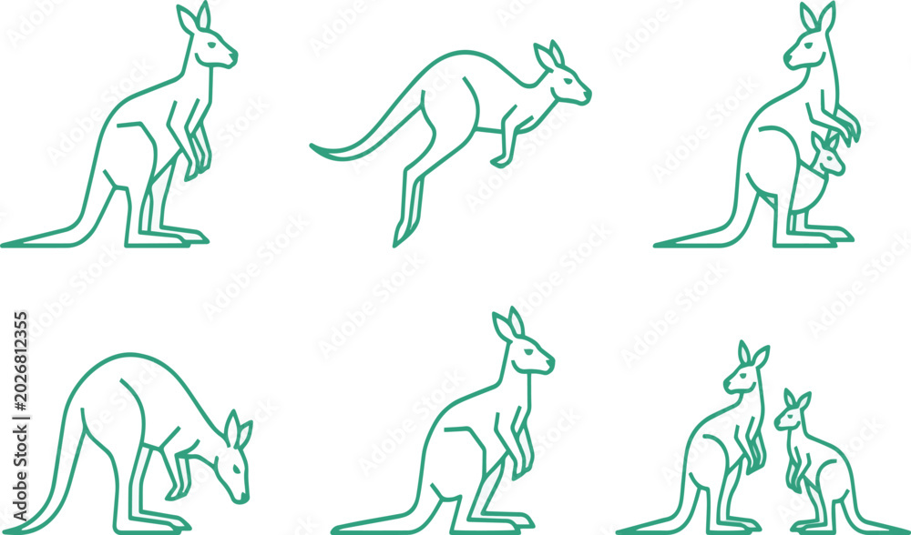 Fototapeta premium Simple Green Line Art Kangaroos in Various Poses with Baby marsupial animal free image downlod