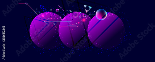 Dark retro futuristic cyberpunk elements abstraction background cosmos synthwave vaporwave retrowave glitch circle with blue and pink glows