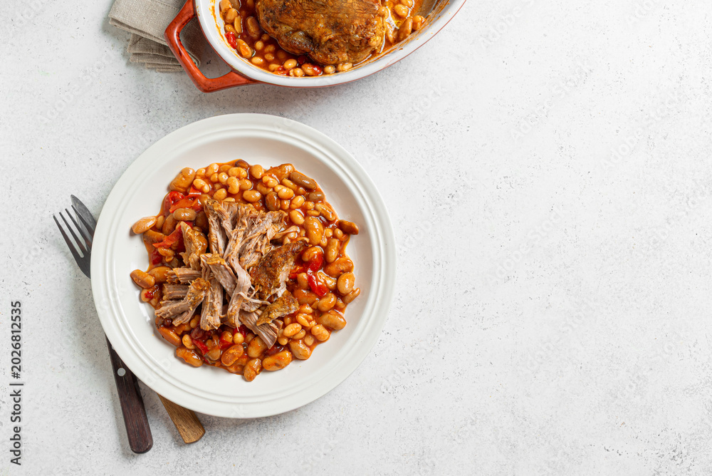 Fototapeta premium Oven Baked Pork meat and Beans on plate