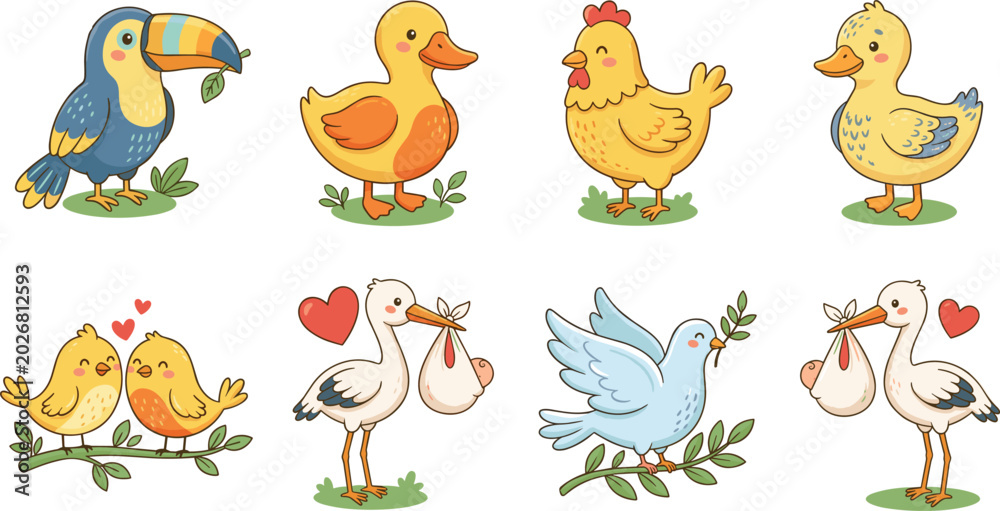 Obraz premium Cute Kawaii Bird Character Vector Set Featuring Toucan Duck Hen Lovebirds Dove of Peace and Stork Carrying Baby for Kids Graphic Designs