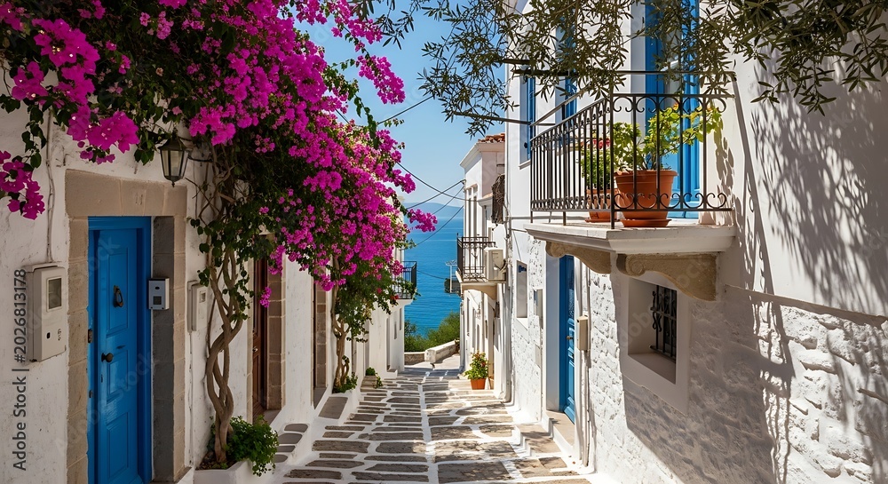 Fototapeta premium Narrow street with blue doors and pink flowers.