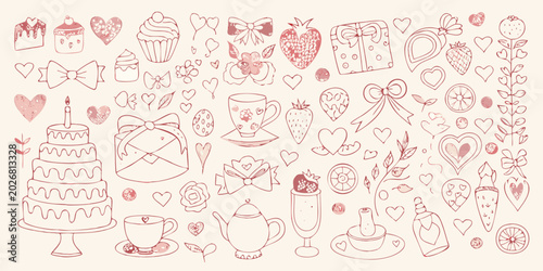romantic wedding themed line art pattern with cakes and hearts