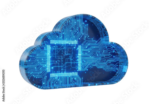 Digital cloud network with glowing blue circuitry integrated for data processing and storage isolated on transparent background
