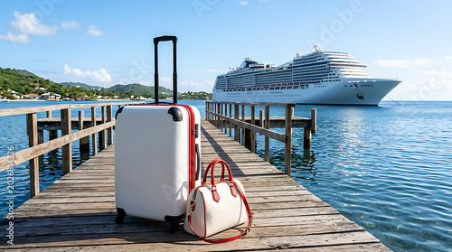 Luggage set on a wooden pier with a luxury cruise ship in the background on a sunny day