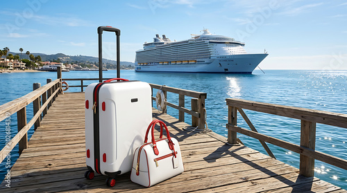 Elegant luggage awaits on a sun-drenched pier, ready for a grand cruise ship voyage