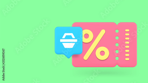 3d discount coupon with shopping basket icon for retail promotions. Minimalist cartoon vector illustration for sales, special offers, and online store loyalty programs