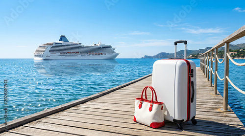 Perfect summer escape stylish luggage awaiting a magnificent cruise ship on a wooden pier