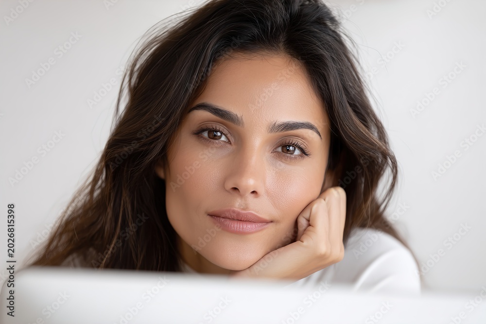 Obraz premium A beautiful woman with long brown hair looking at a laptop
