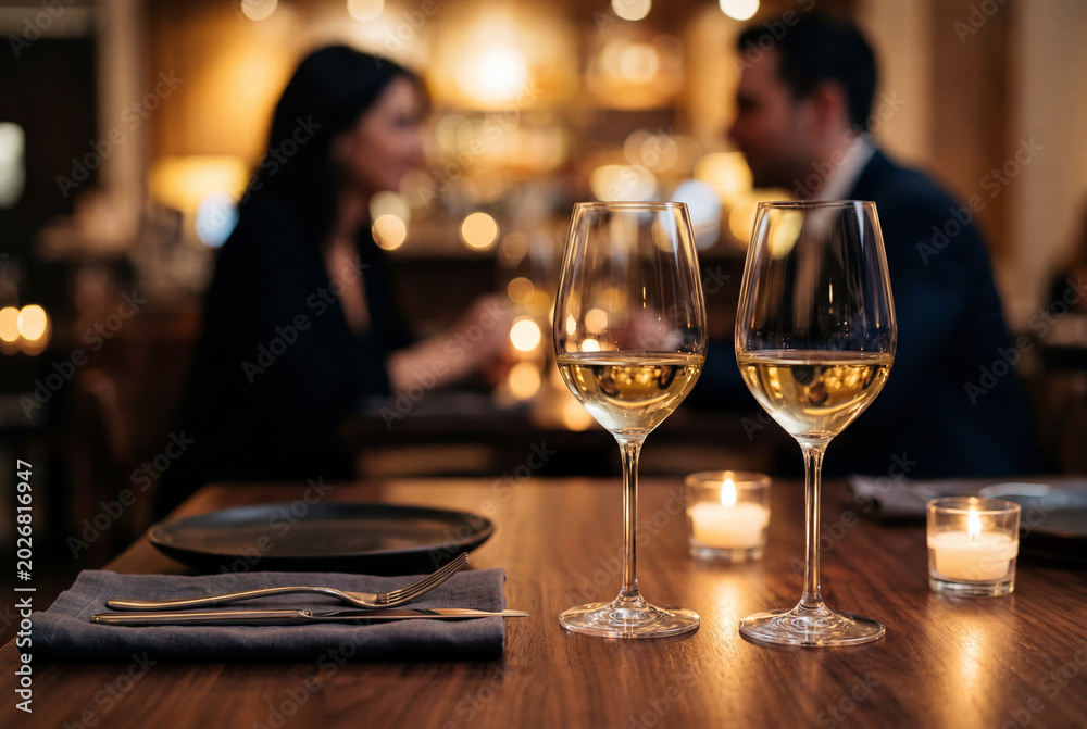 Obraz premium Couple enjoying white wine at intimate restaurant dinner table