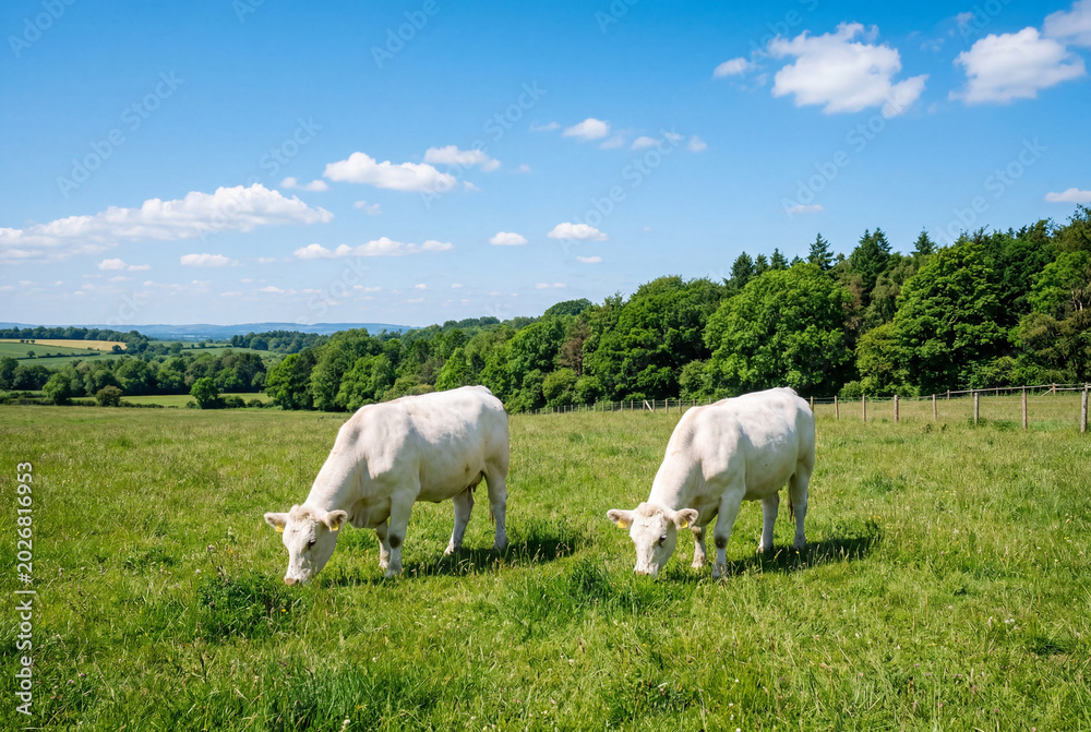Obraz premium Two white cattle grazing in green pasture under blue sky