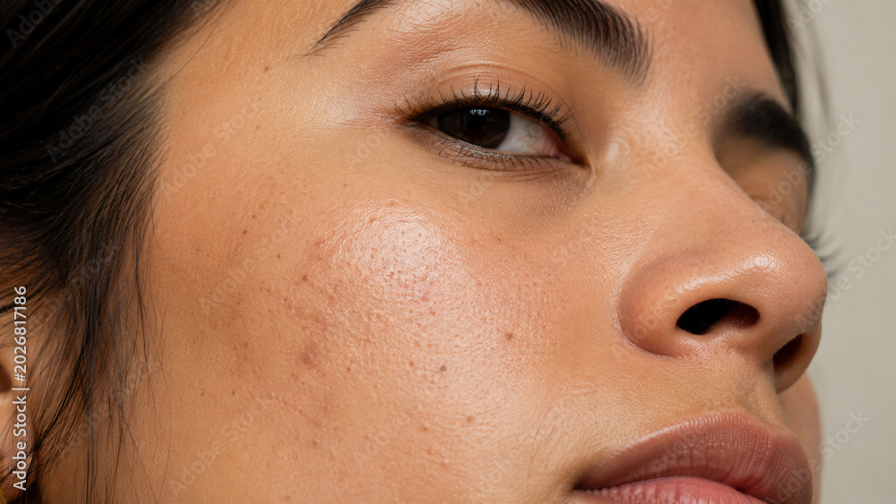 Fototapeta premium Detailed close-up of a young woman's natural skin, showcasing visible acne scars and imperfections, embracing authenticity and the journey of skin health