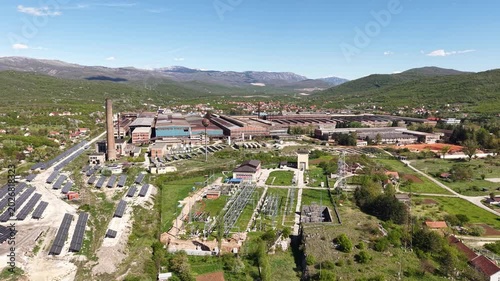 Drone Shot of Former Niksic Steel Mill Factory Now Owned by State Electric Company For Producing Solar Energy, Montenegro