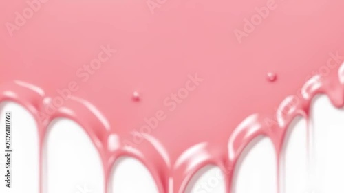 Glossy pink paint dripping and flowing across a white surface, closeup horizontal sequence of viscous liquid drips and smooth cascading drops showing motion and texture.