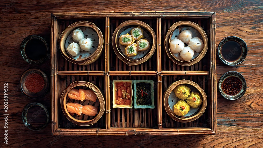 Fototapeta premium Dim sum dishes in steamer basket.