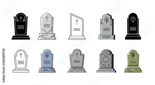 Bilde på lerret Collection of Vintage Tombstones and Gravestones Vector Icons
