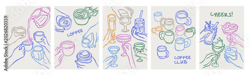 Cheers poster designs set with hands holding wineglass, cup at party celebration. Toasts with alcohol drinks, wine, cocktails in glasses, coffee, beverages. Vector illustrations in doodle drawn style