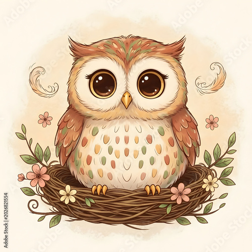A whimsical cartoon owl illustration with large round eyes and a small beak