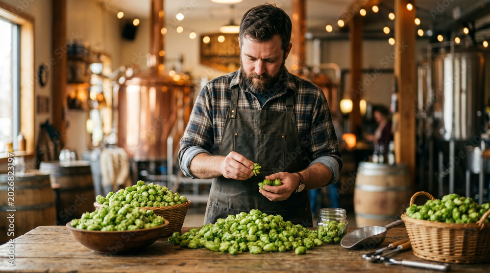 Fototapeta premium Artisan brewmaster inspecting fresh green hops at wooden table in modern microbrewery