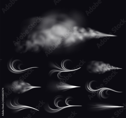 Wind currents. Realistic 3D airflow effects. Air flow various shapes. Visible fog jet. Chill of winter. Pressurized steam motion. Cigarette smoking. Vapor trail. Smoky elements vector set