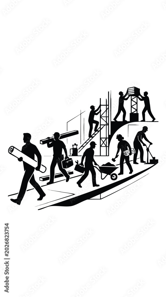 Fototapeta premium Minimal style group workers silhouette vector illustration of construction team working together