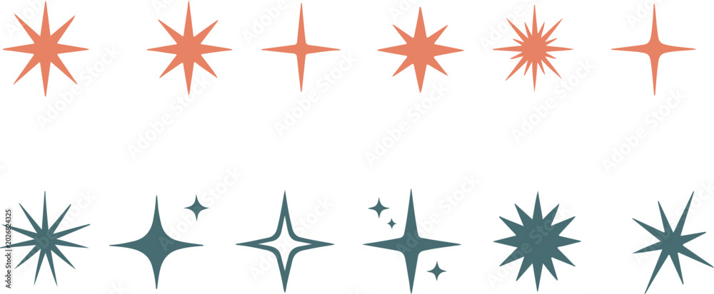 Obraz premium Colorful sparkle and starburst vector icons set with orange and green shining stars, twinkle effects and magic sparks isolated on transparent background.