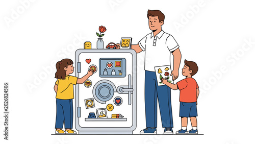 Foto Secure Family Moments: A father and his two children interact with a large safe, decorated with personal keepsakes, representing security and cherished family memories